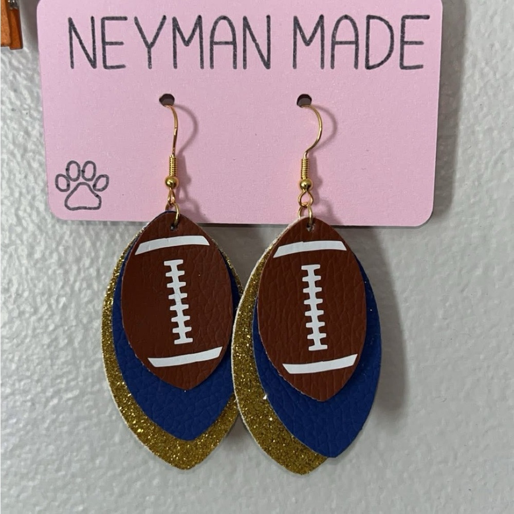 Football Leather Earrings With Gold And Blue Accents